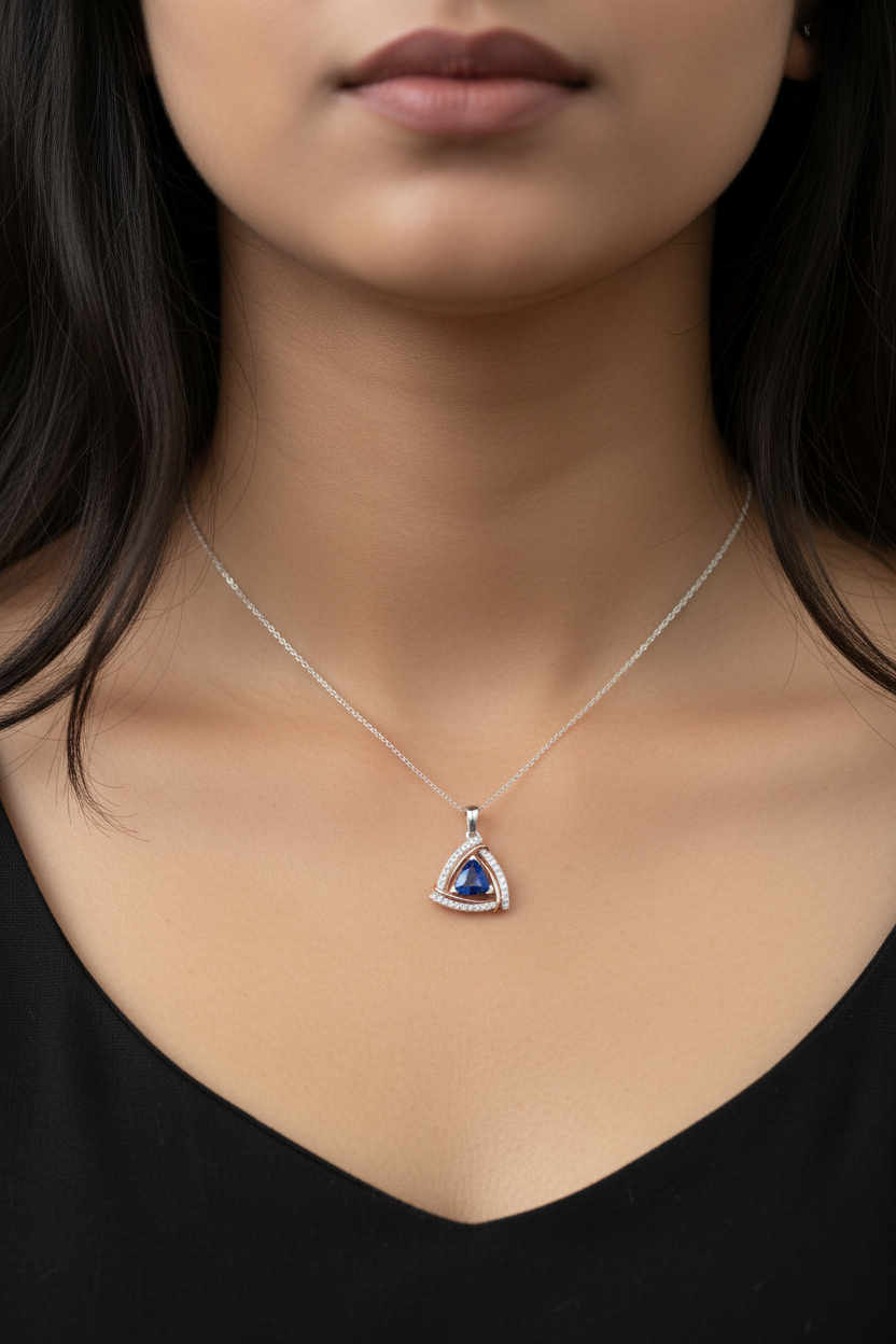 Indian woman neck close-up wearing physically tiny miniature blue sapphire triangle pendant