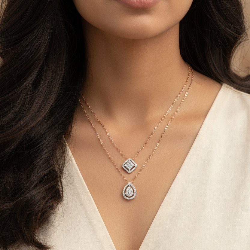 Indian woman neck close-up wearing rose gold double pendant diamond necklace with reduced gap between pendants