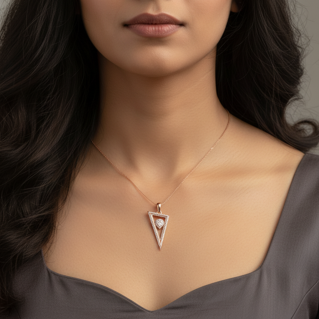 Indian woman neck close-up wearing smaller rose gold triangle arrowhead diamond pendant
