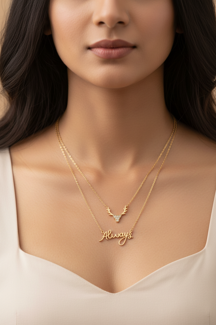 Indian woman neck close-up wearing yellow gold Always script and antler diamond layered necklace