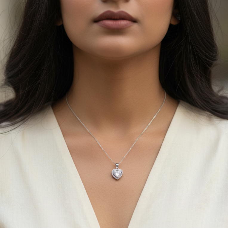 Indian woman upper body with extra tiny white gold heart diamond pendant necklace