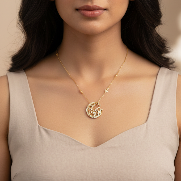 Indian woman upper chest wide shot with extra tiny yellow gold floral openwork circle diamond pendant
