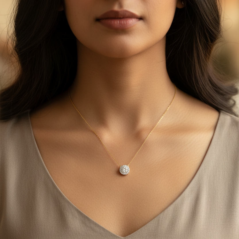 Indian woman upper chest wide shot with smaller full pave diamond round pendant yellow gold necklace