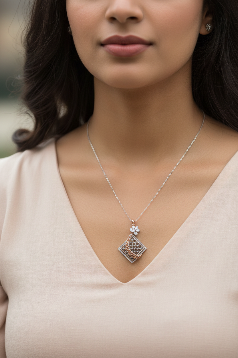Indian woman wearing exact original silver diamond lattice pendant very small on long chain