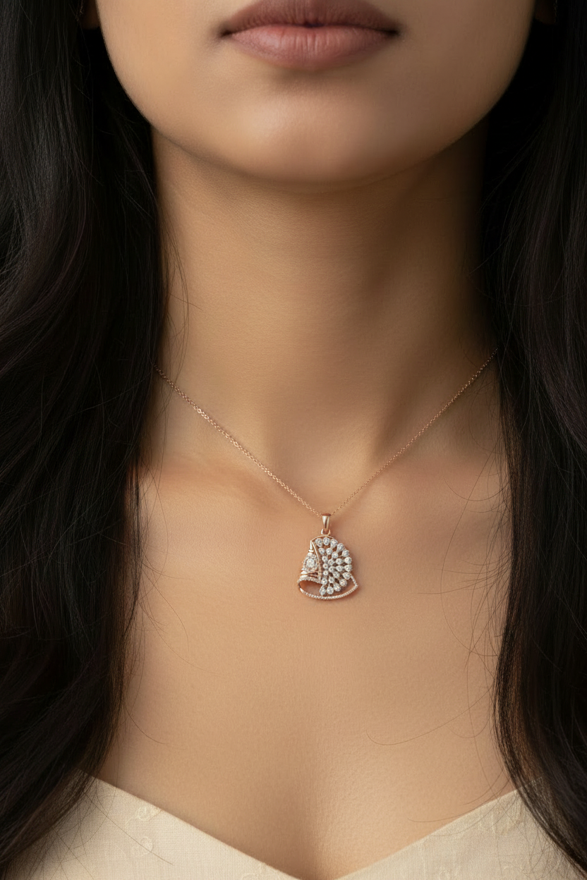 Indian woman wearing micro tiny rose gold fan diamond pendant on chest