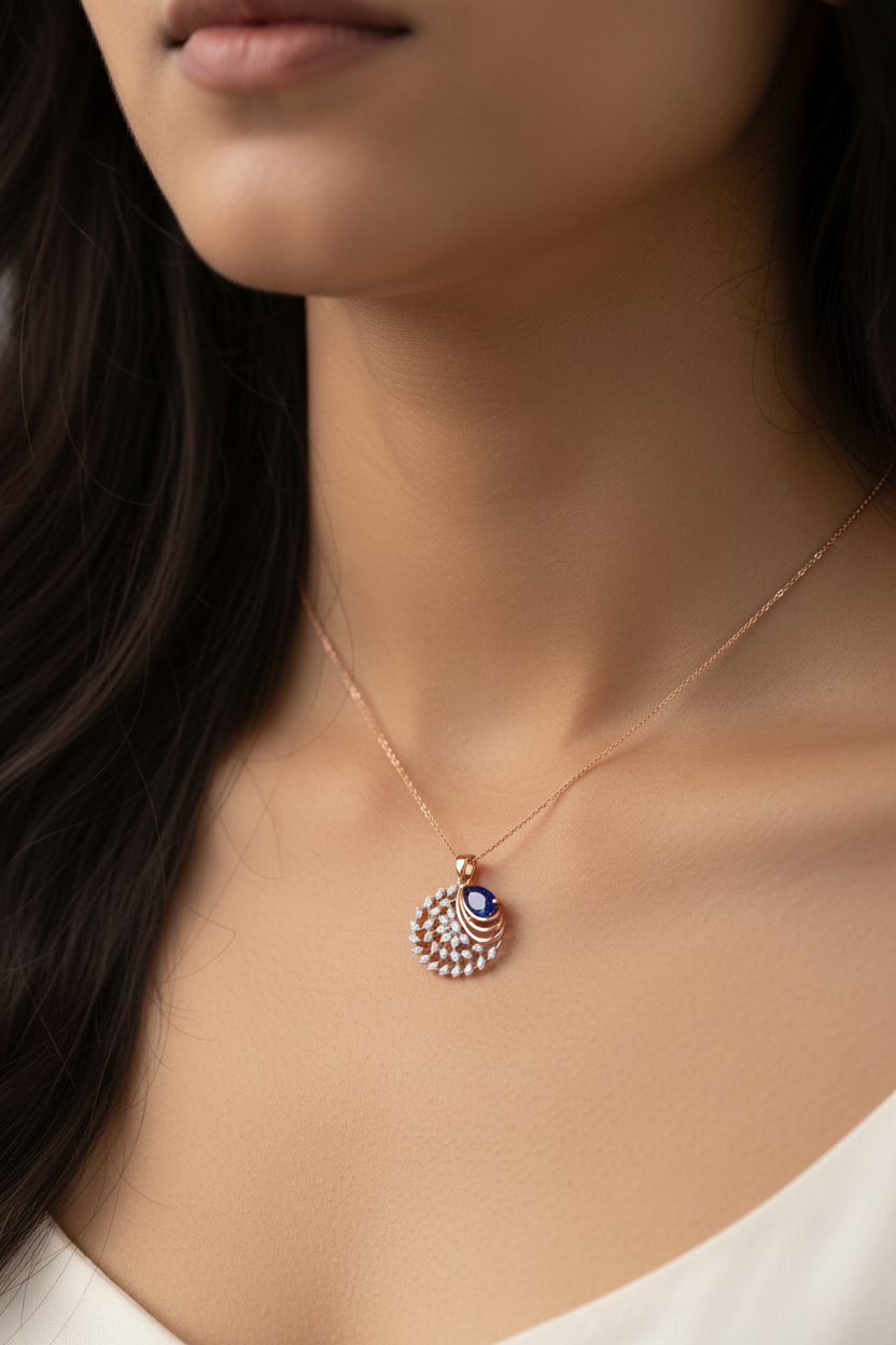 Indian woman wearing micro tiny rose gold sapphire diamond circular pendant
