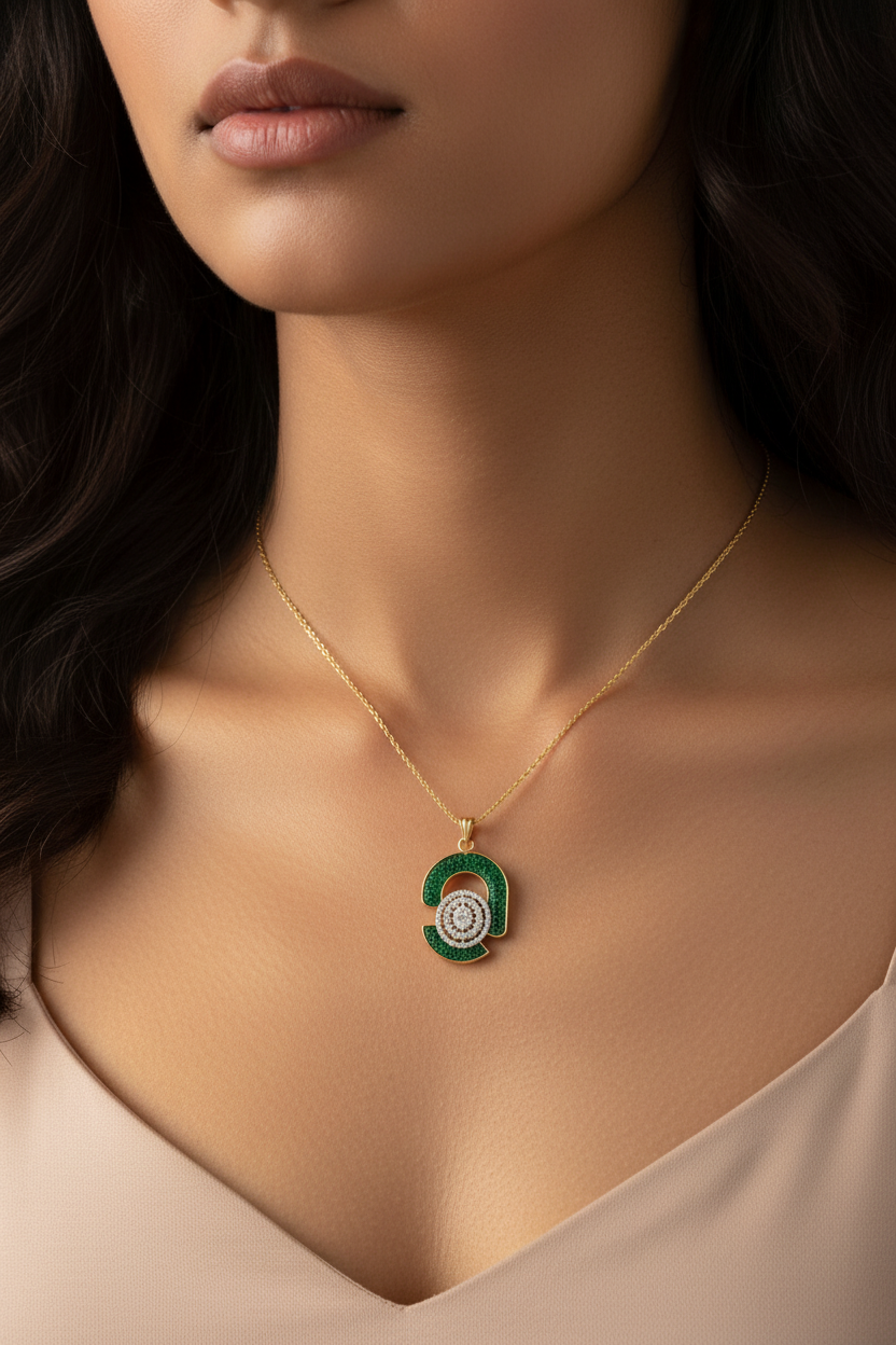 Indian woman wearing micro tiny yellow gold emerald diamond bullseye pendant