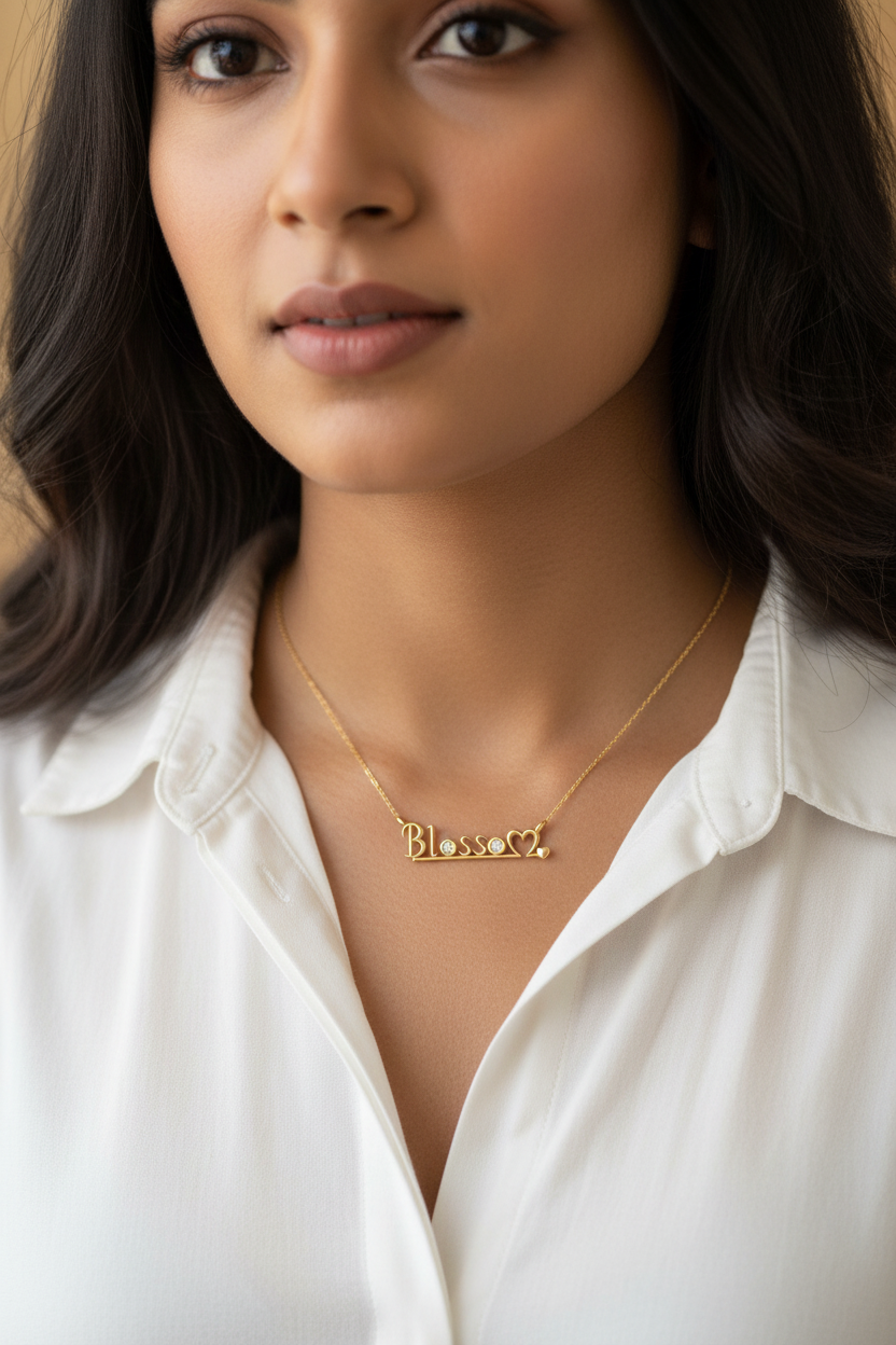 Indian woman wearing tiny narrow yellow gold Blossom nameplate necklace