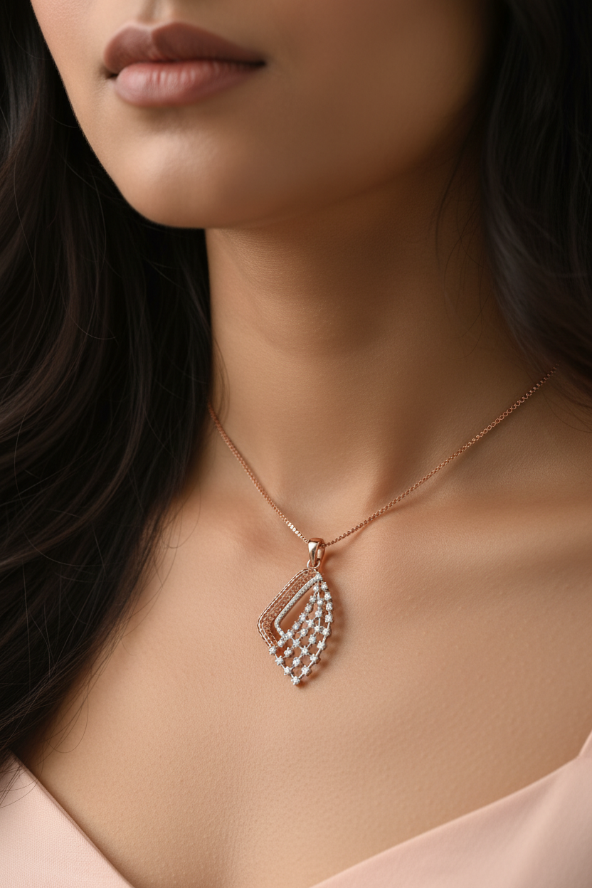 Indian woman wearing tiny shiny rose gold kite diamond grid pendant
