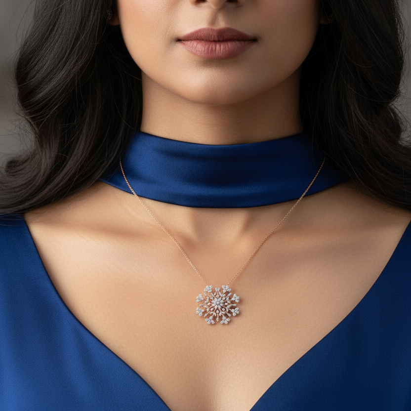 Indian woman wearing very tiny rose gold snowflake starburst diamond pendant