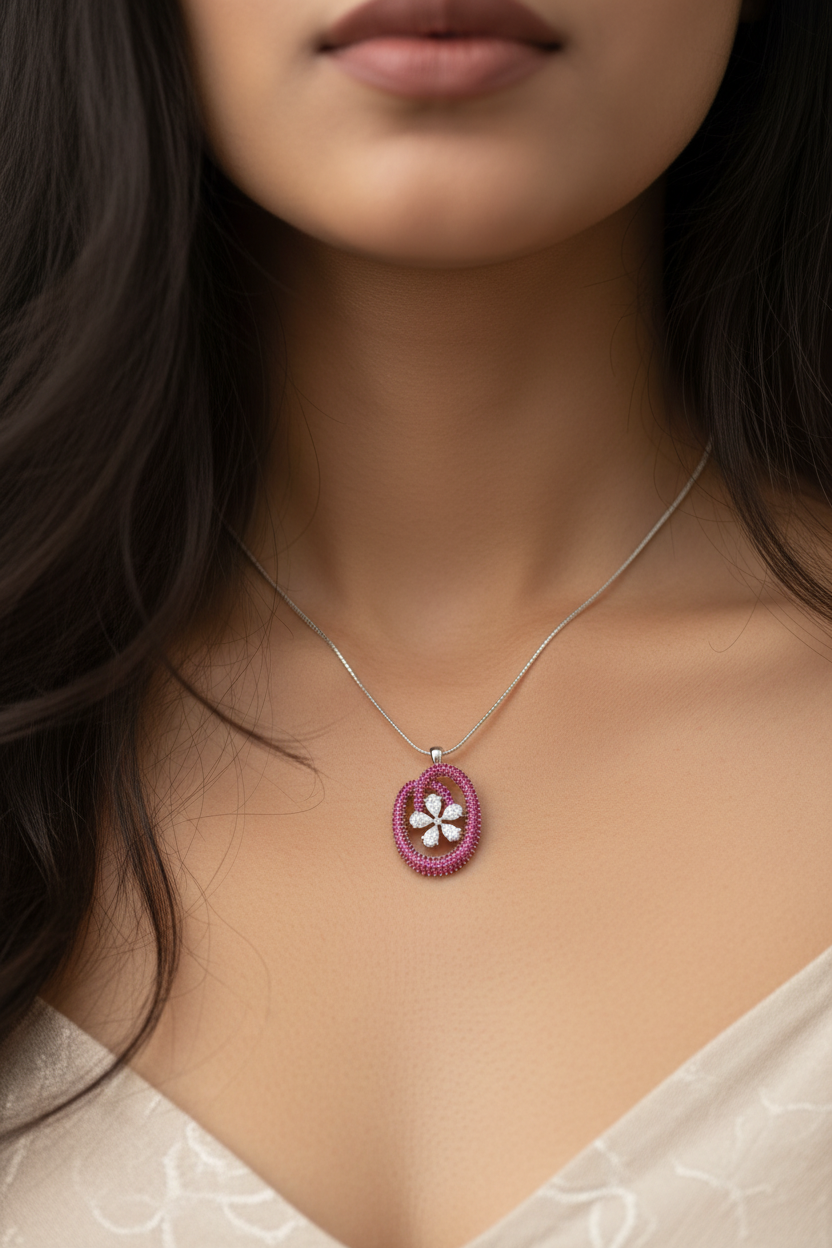 Indian woman wearing very tiny ruby oval diamond flower pendant