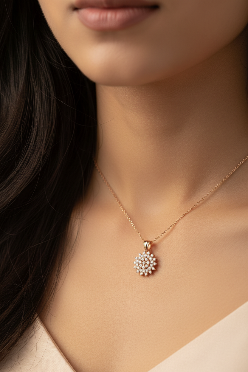 Indian woman with open hair wearing rose gold diamond sunflower cluster pendant
