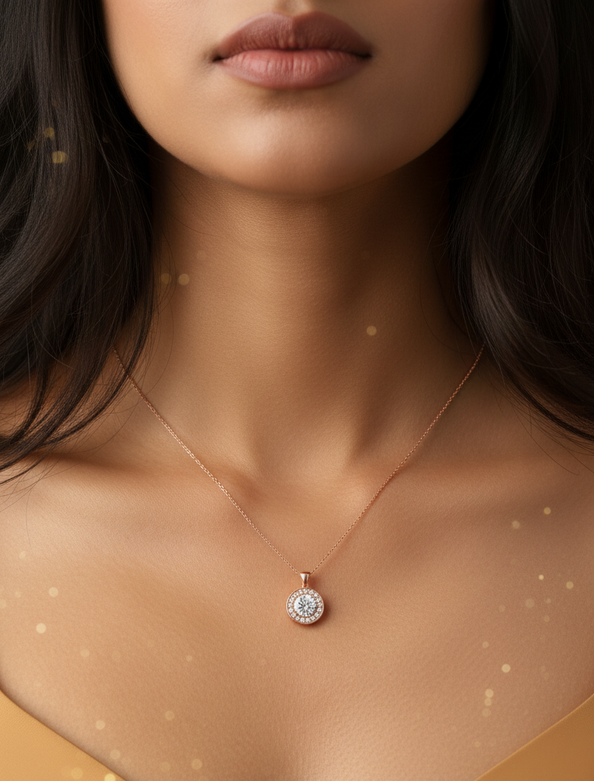 Indian woman's neck and chest with micro tiny rose gold diamond halo pendant