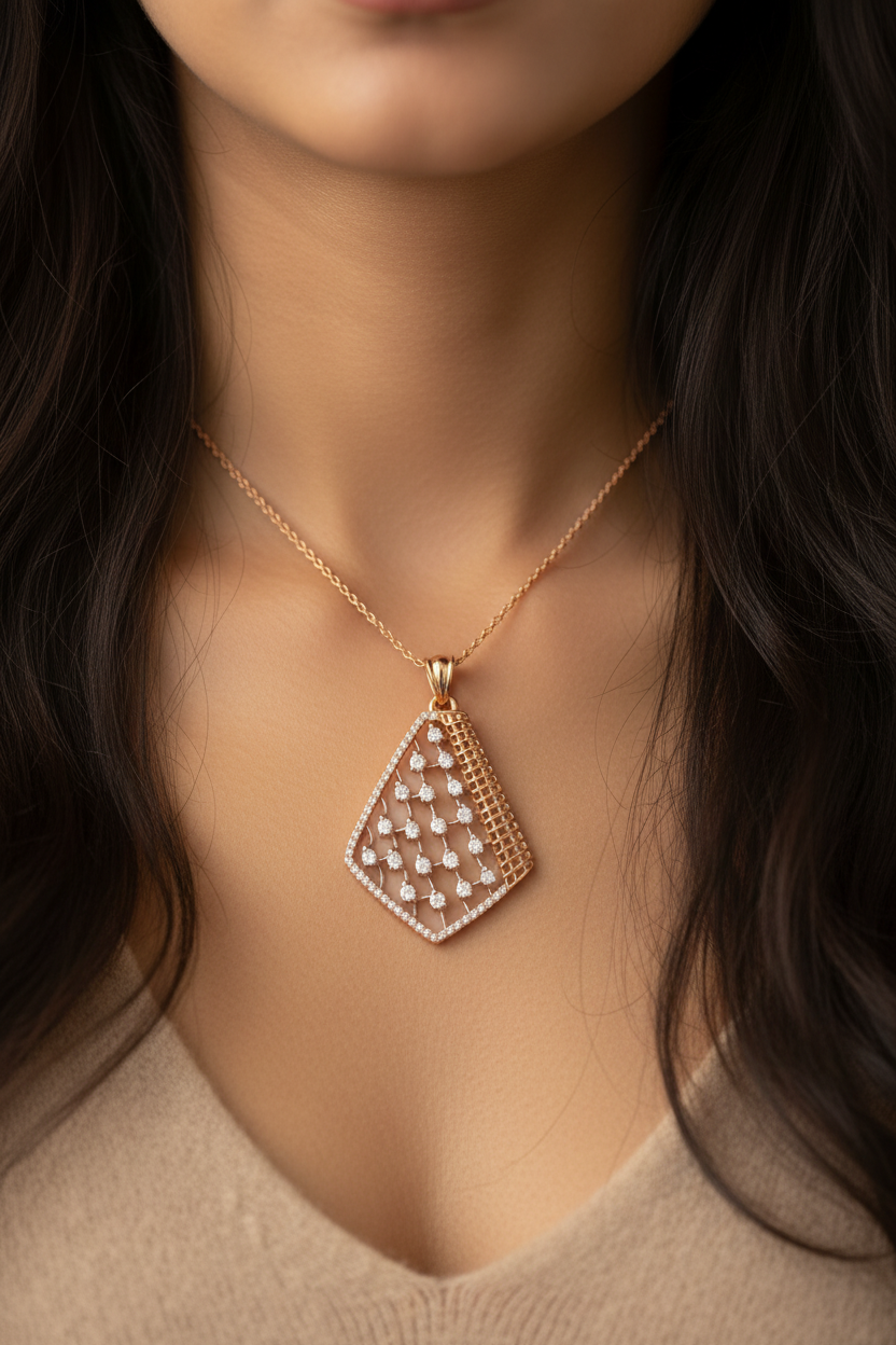 Indian woman's neck close-up wearing rose gold kite diamond grid pendant