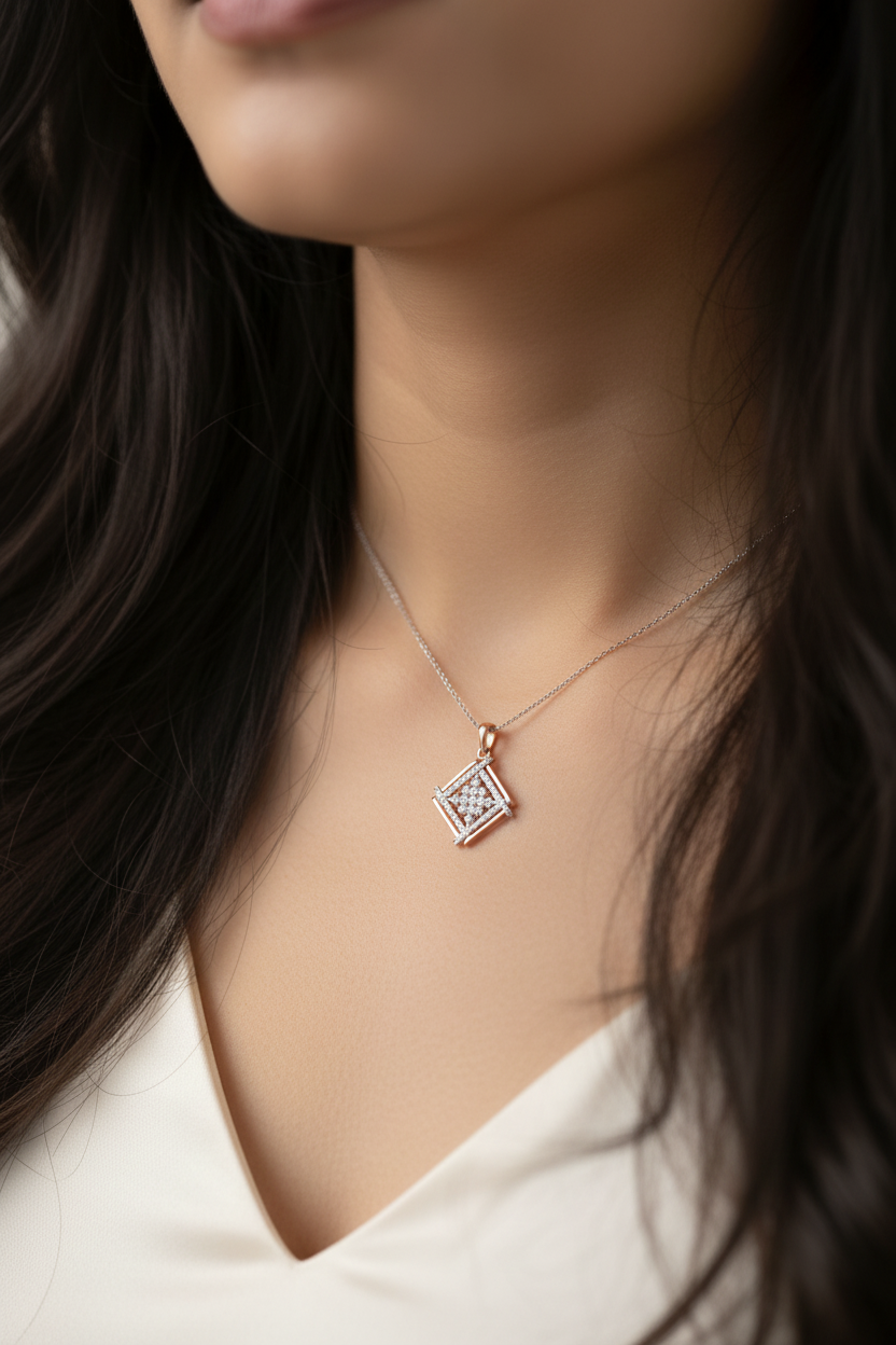 Indian woman's neckline with extra small micro rose gold geometric square diamond pendant
