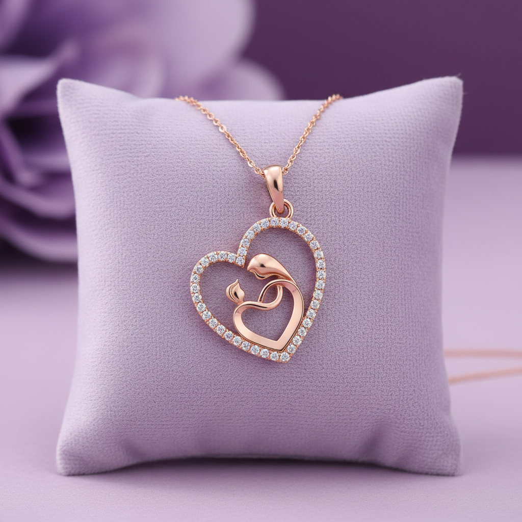 Lavender Cushion - Rose Gold Mother Child Heart Pendant with Chain