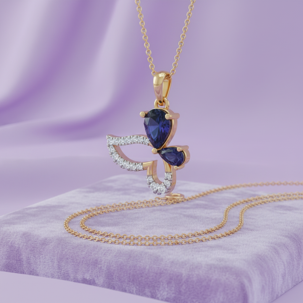 Lavender Cushion Sapphire Butterfly Necklace