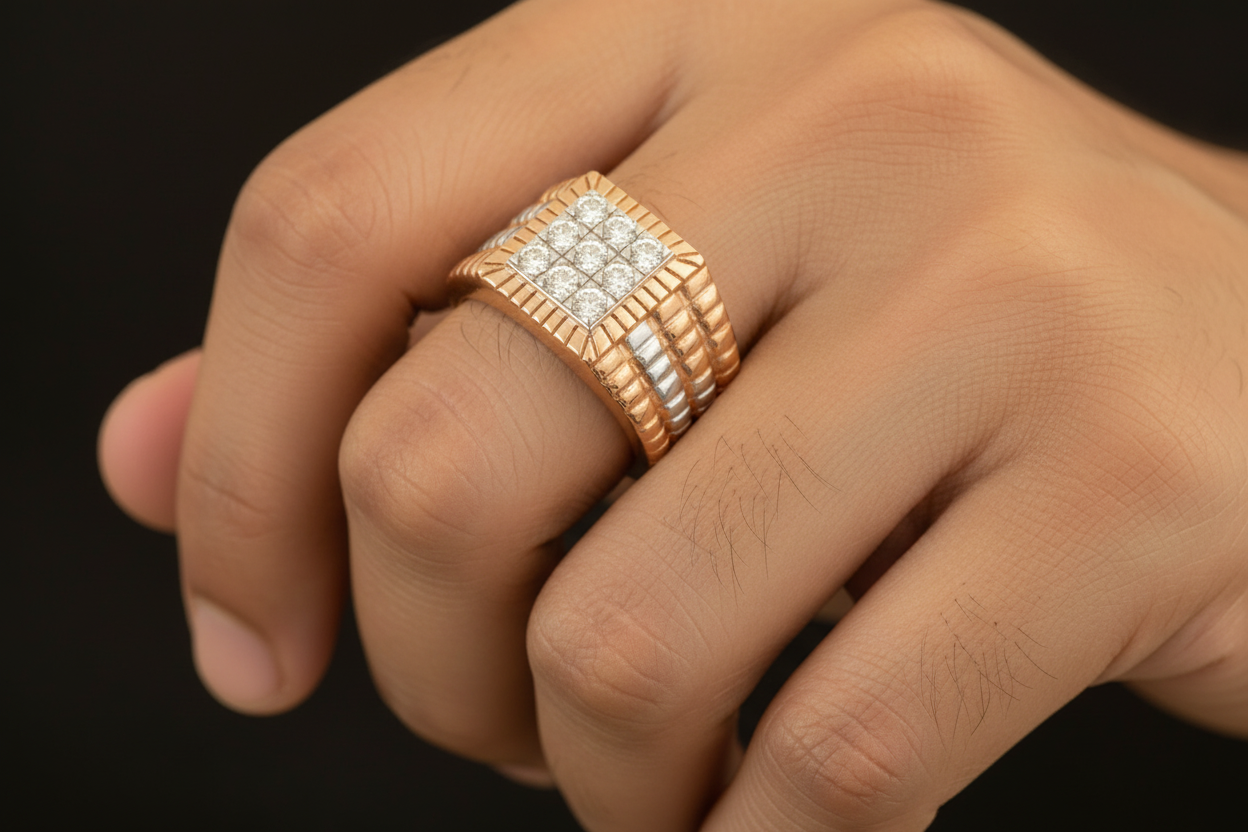 Man Wearing Even Smaller Rose Gold Diamond Signet Ring