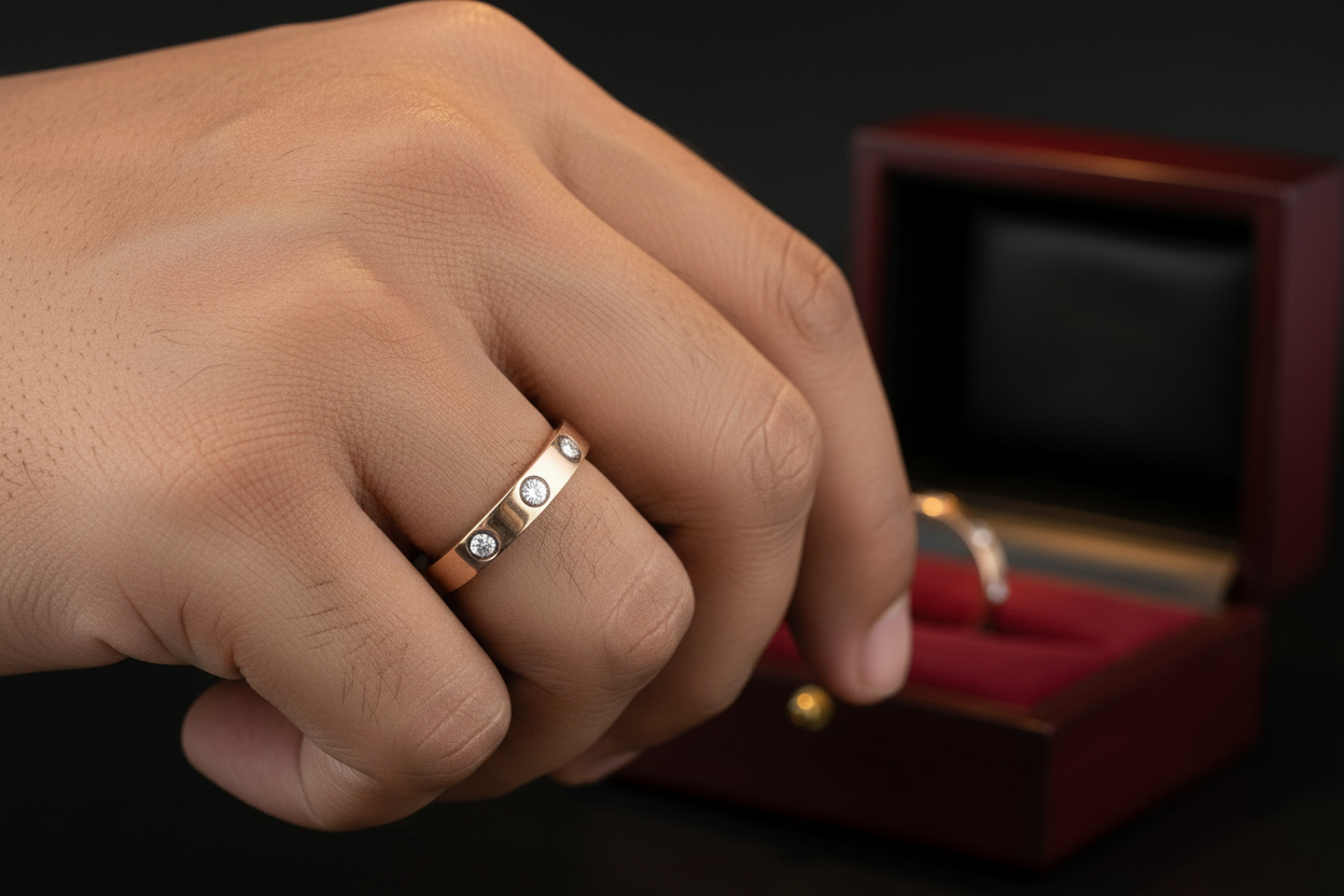 Man Wearing HGR01542 Rose Gold Slim Diamond Bezel Band Ring