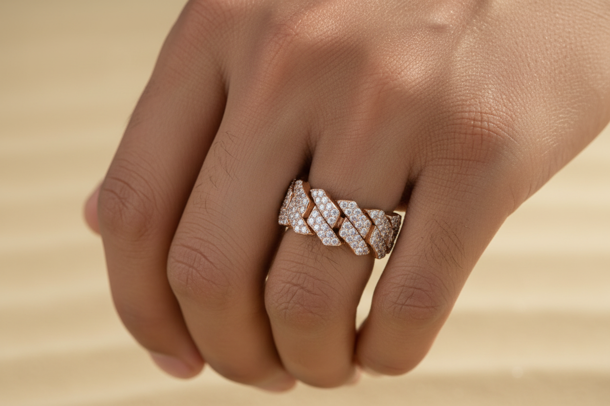 Man Wearing HGR01582 Rose Gold Cuban Link Ring Smaller Size