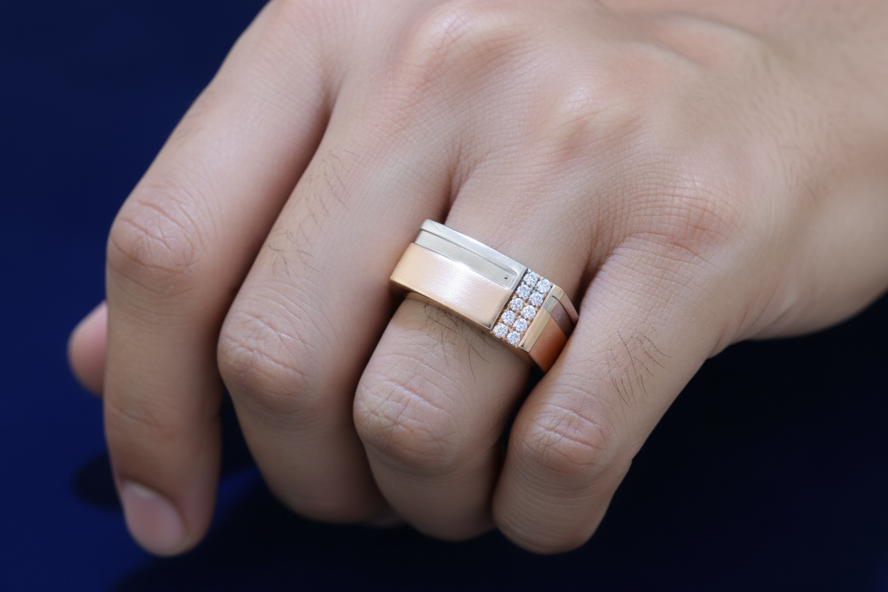 Man Wearing HGR01605 Very Small Two-Tone Diamond Band Ring