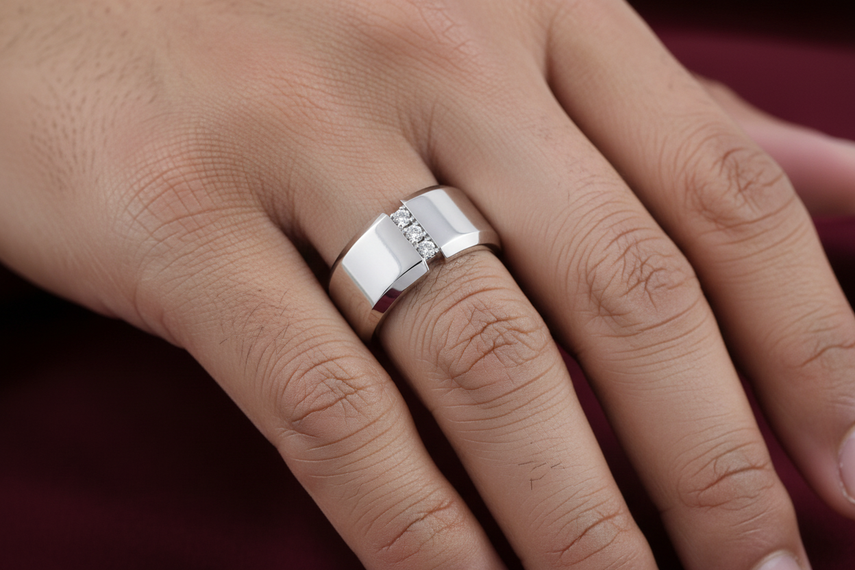 Man Wearing HGR01639 White Gold Men's Diamond Band Ring