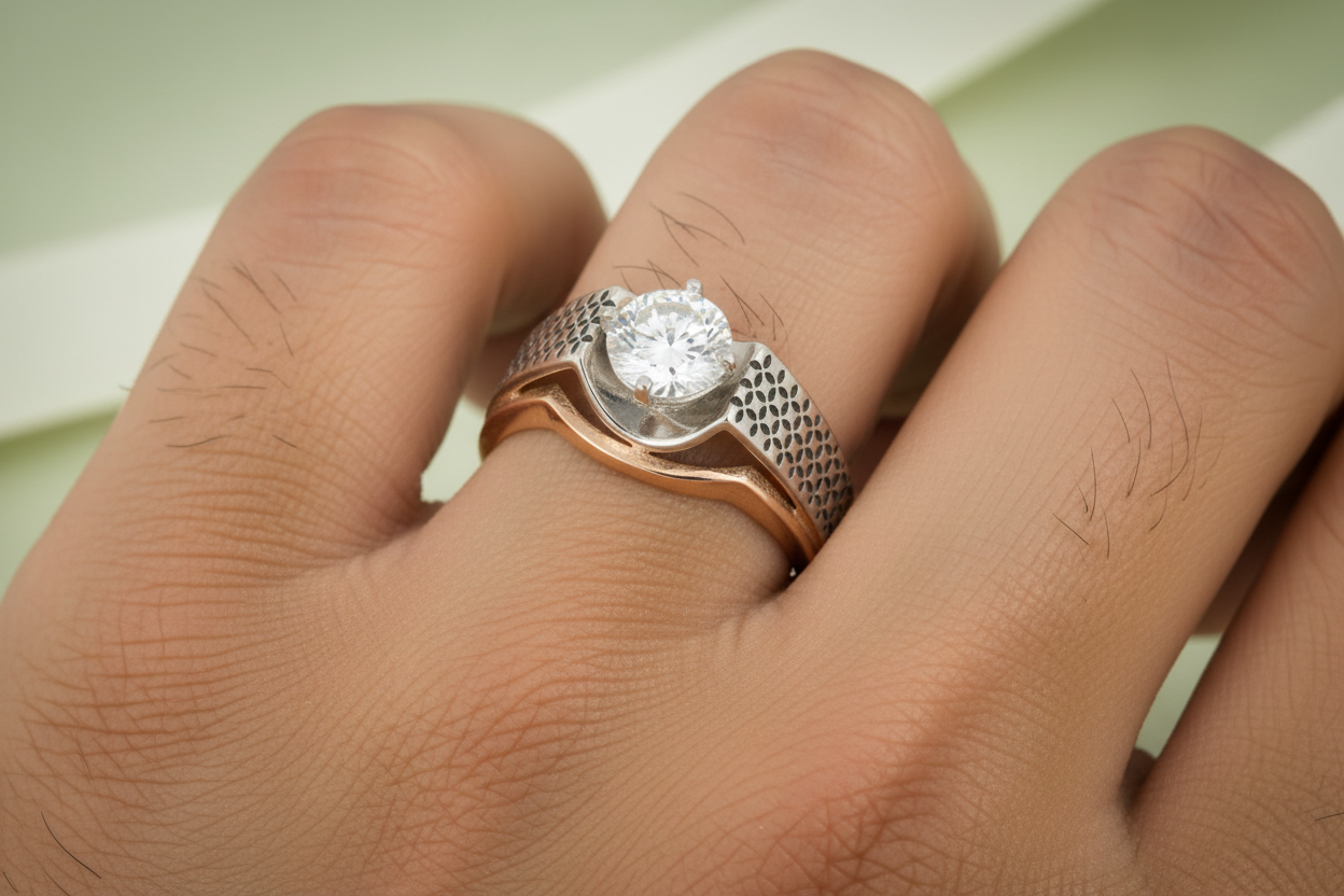 Man Wearing Two-Tone Rose Gold Solitaire Ring - Extra Small