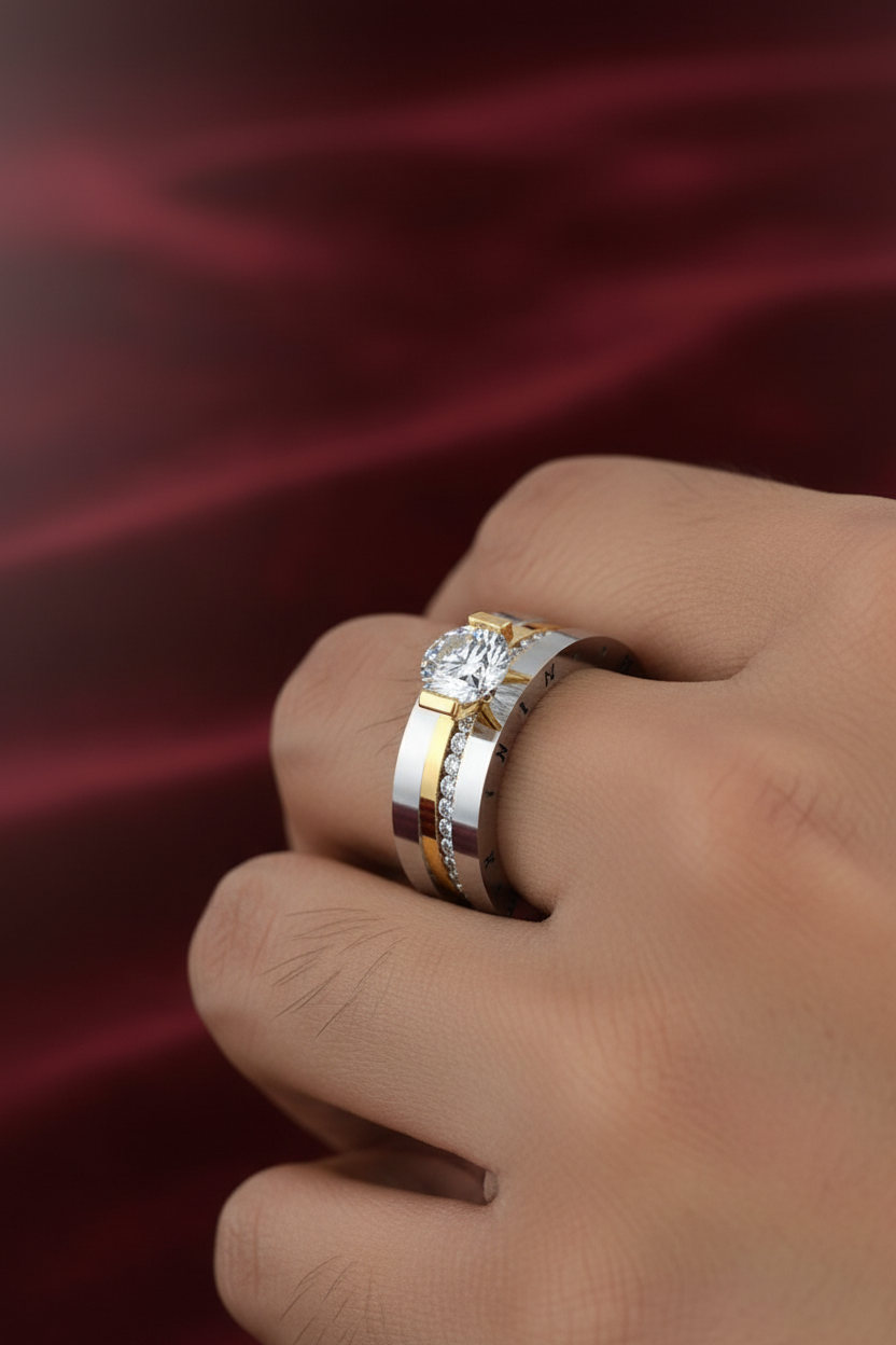 Man wearing two-tone white and yellow gold diamond ring set