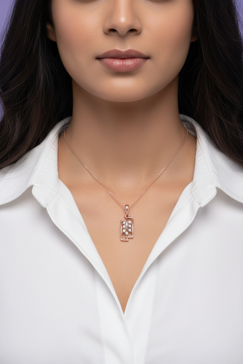 Medium Sized Rose Gold Rectangle Pendant - Model Neck