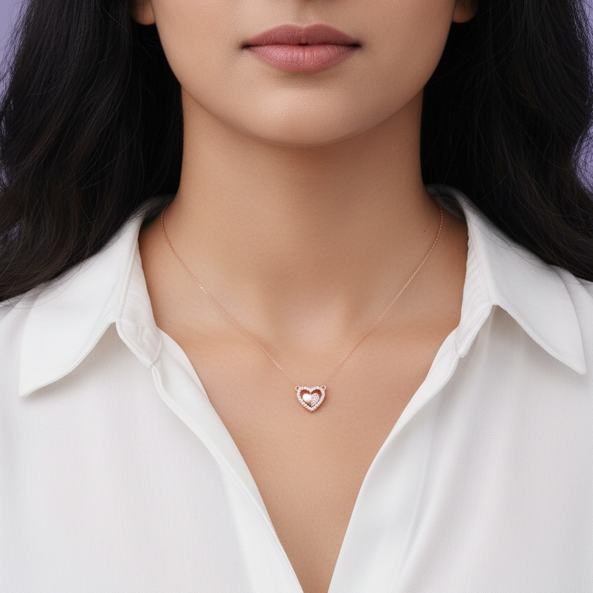 Minimal Extra Small Rose Gold Heart Pendant - Front Neck View