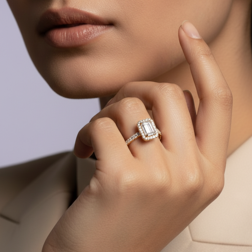 Model - Emerald Halo Ring Lavender