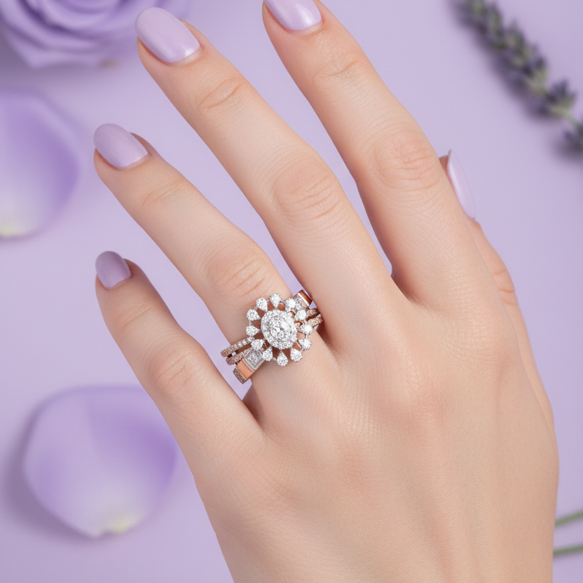 Model Hand - Oval Sunburst Halo Ring