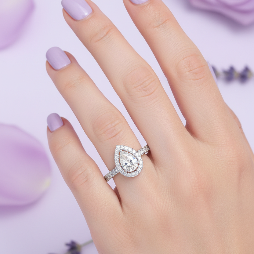 Model Hand - Pear Diamond Double Halo Ring