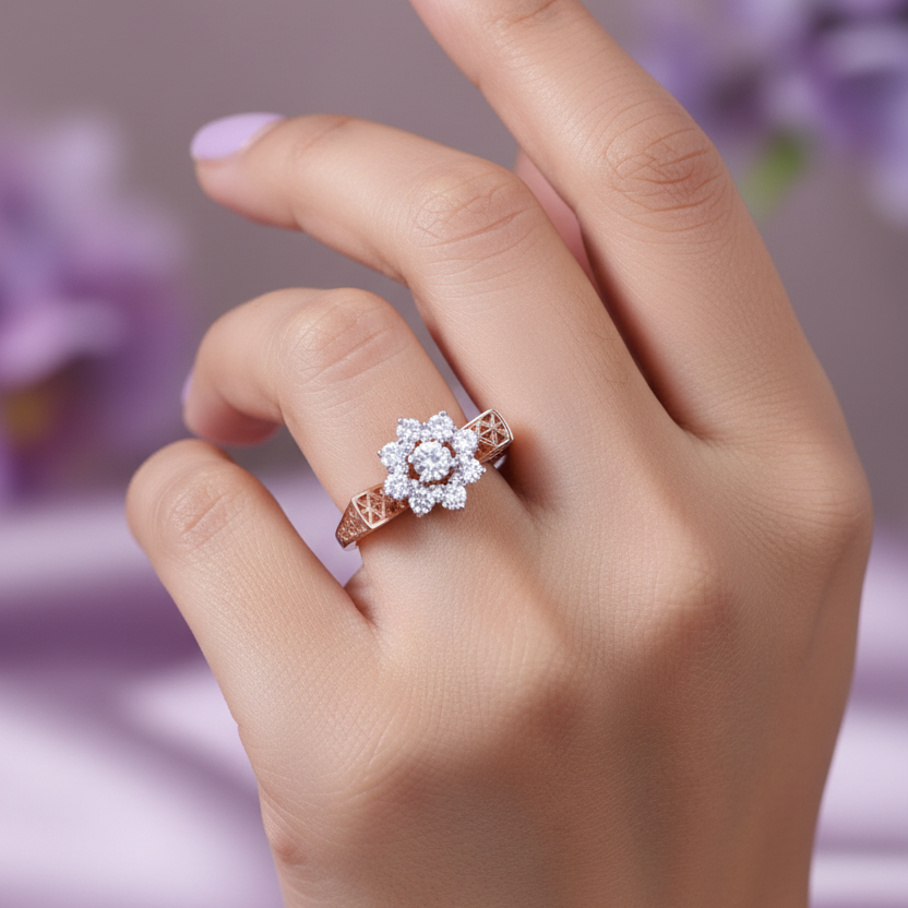 Model Hand - Rose Gold Filigree Diamond Flower Ring