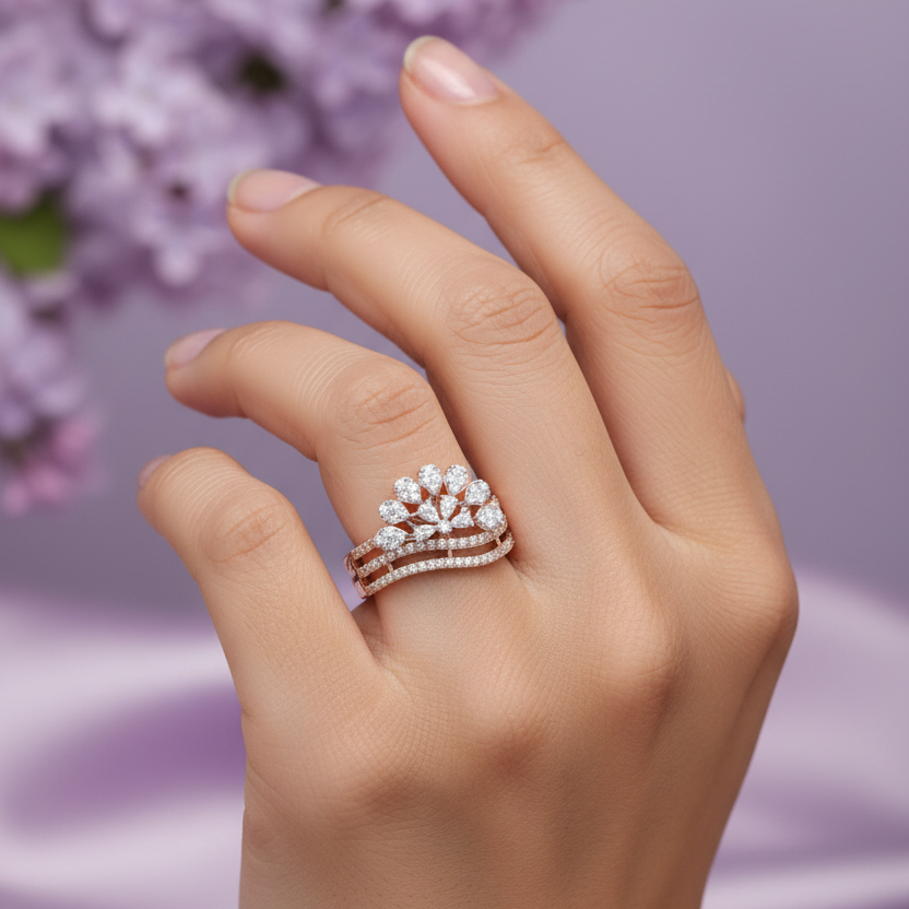 Model Hand - Rose Gold Floral Crown Triple Band Ring