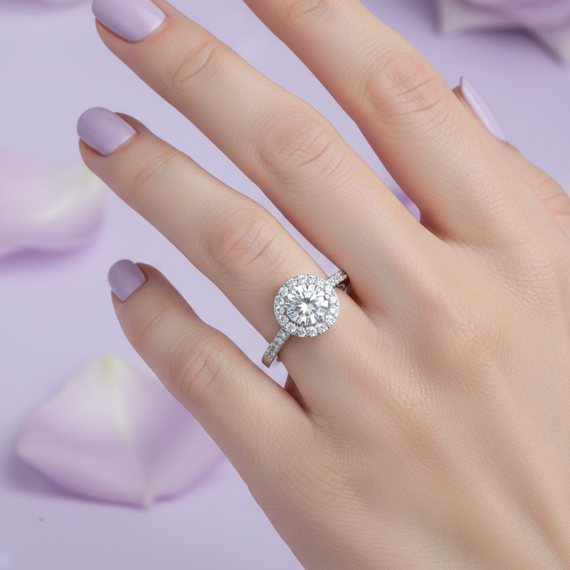 Model Hand - Round Diamond Halo Ring