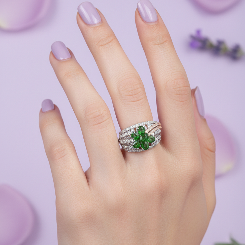 Model Hand - Small Emerald Flower Ring
