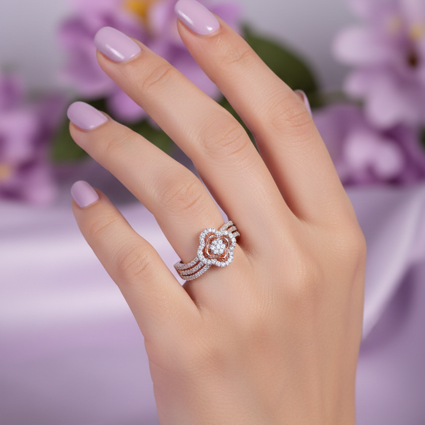 Model Hand - Small Rose Gold Quatrefoil Crossing Band Ring