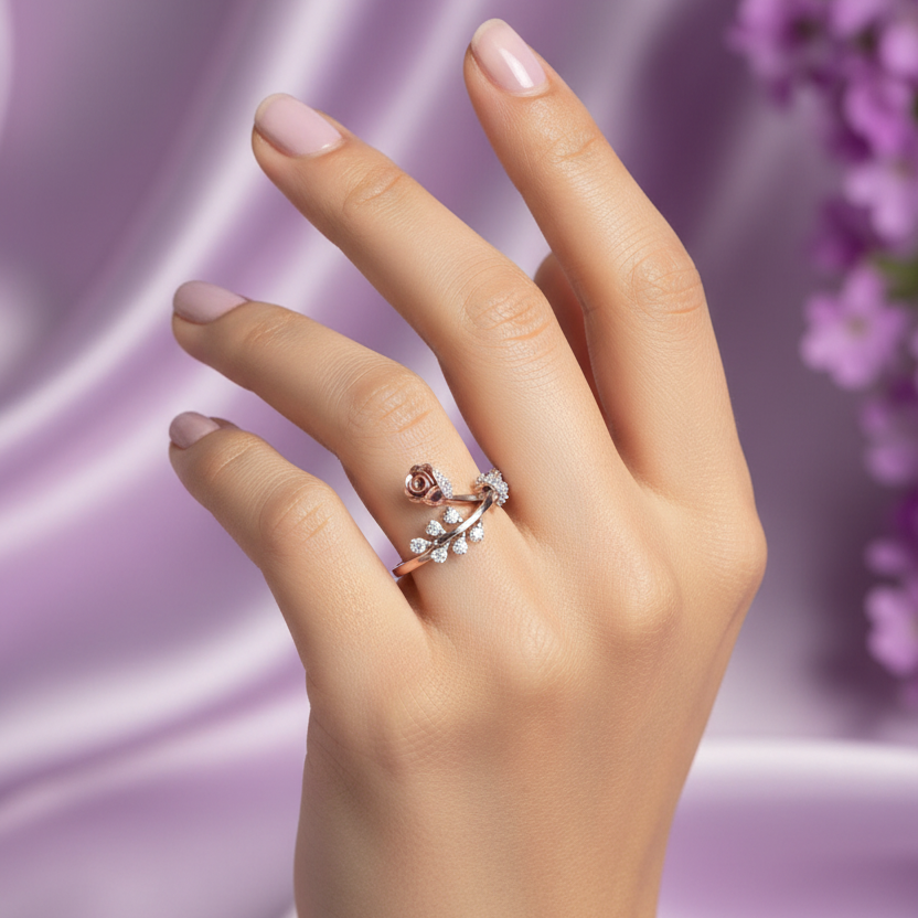 Model Hand - Small Rose Gold Rose Flower Bypass Ring