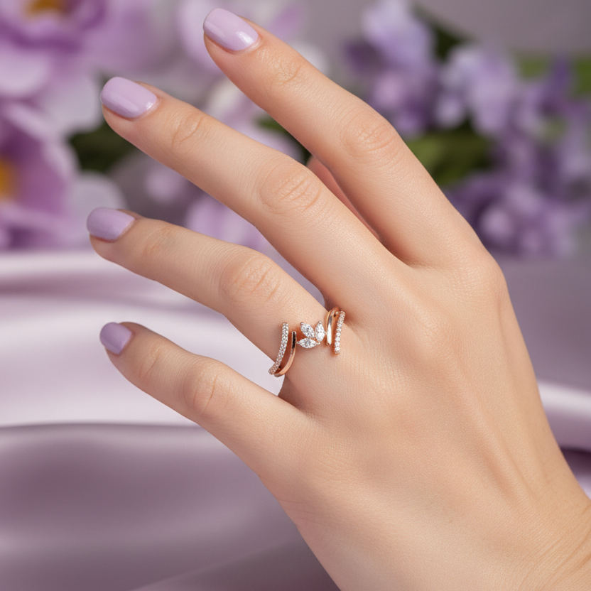 Model Hand - Small Rose Gold Triple Split Marquise Leaf Ring