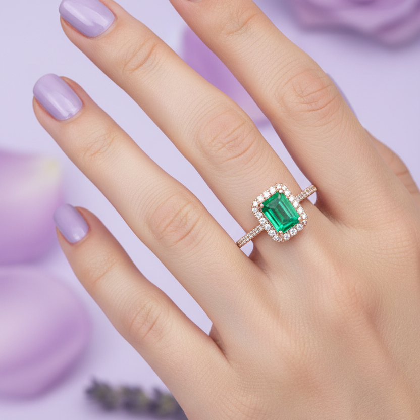 Model Hand - Smaller Emerald Halo Ring