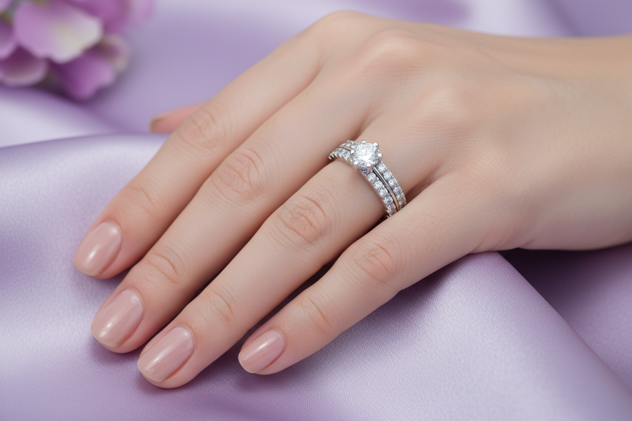 Model hand wearing bridal ring set