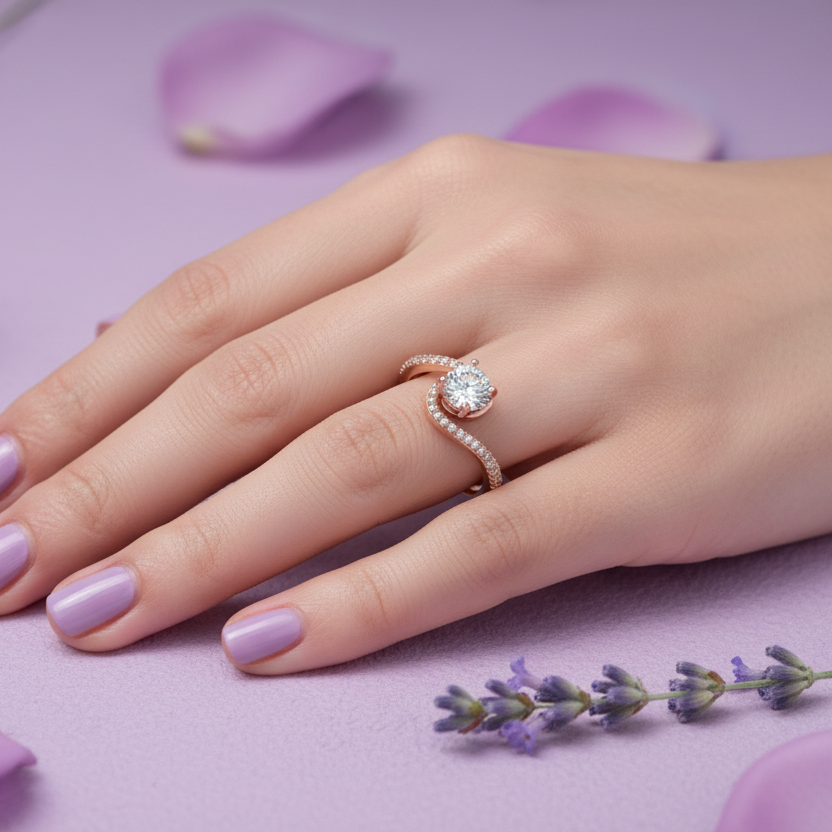 Model Hand Wearing Bypass Solitaire Ring