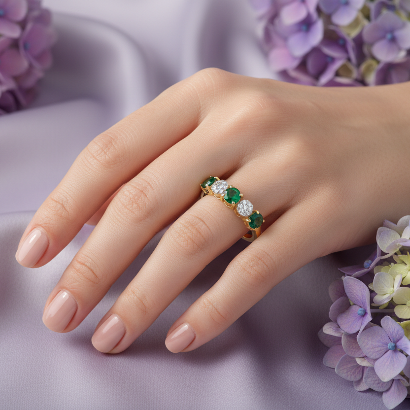 Model hand wearing emerald ring