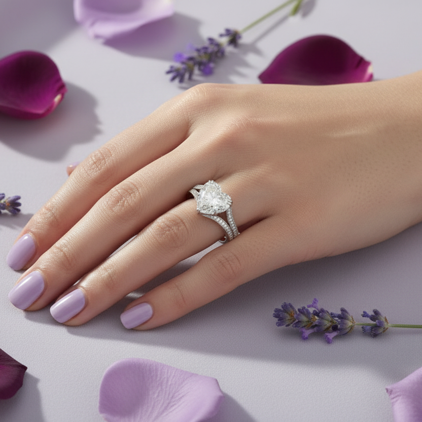 Model Hand Wearing Heart Diamond Ring