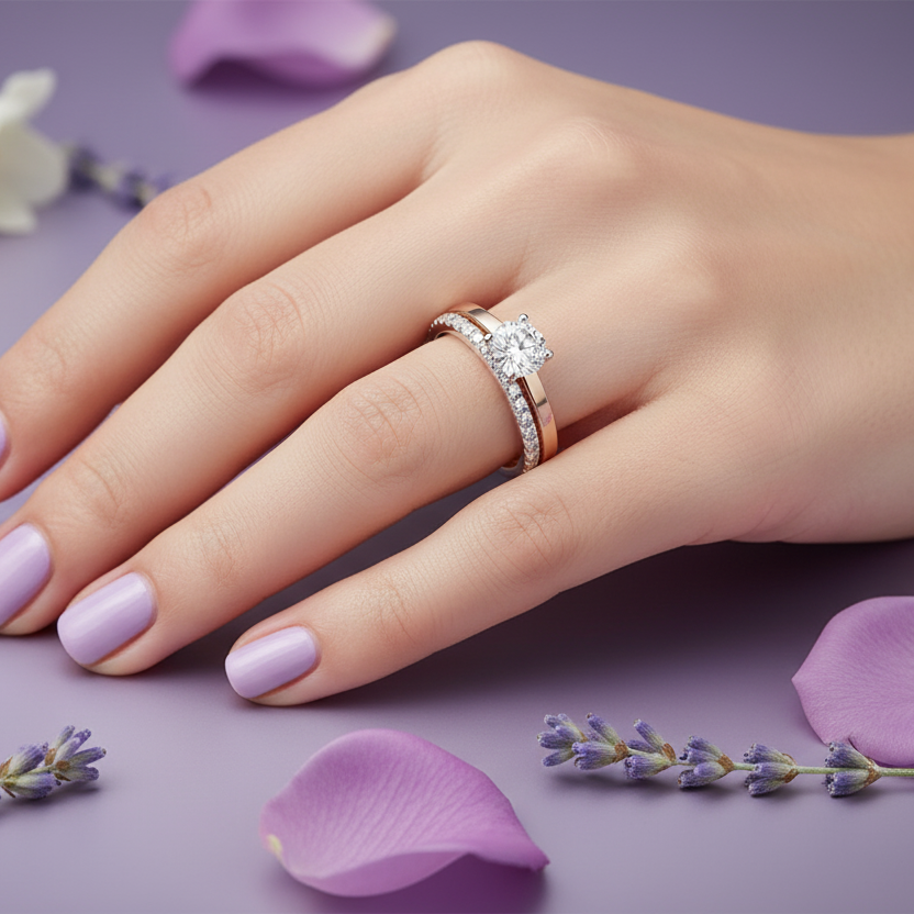 Model Hand Wearing Rose Gold Bridal Set