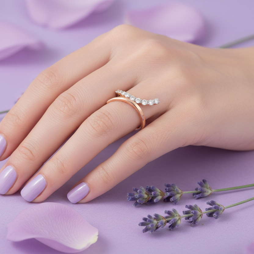 Model Hand Wearing Rose Gold Curved Diamond Band