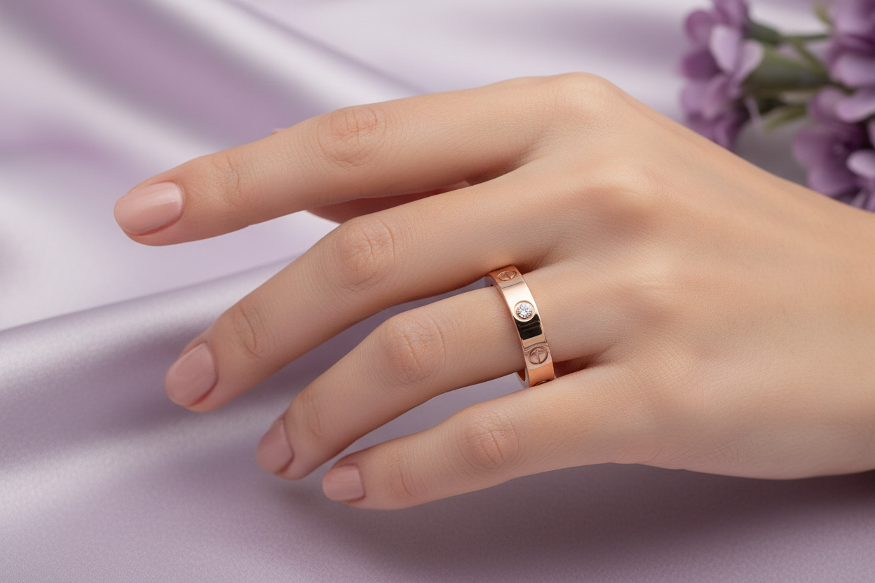 Model hand wearing rose gold love ring