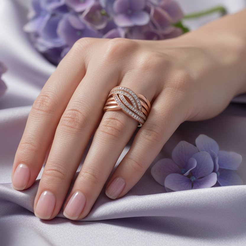 Model hand wearing rose gold ring