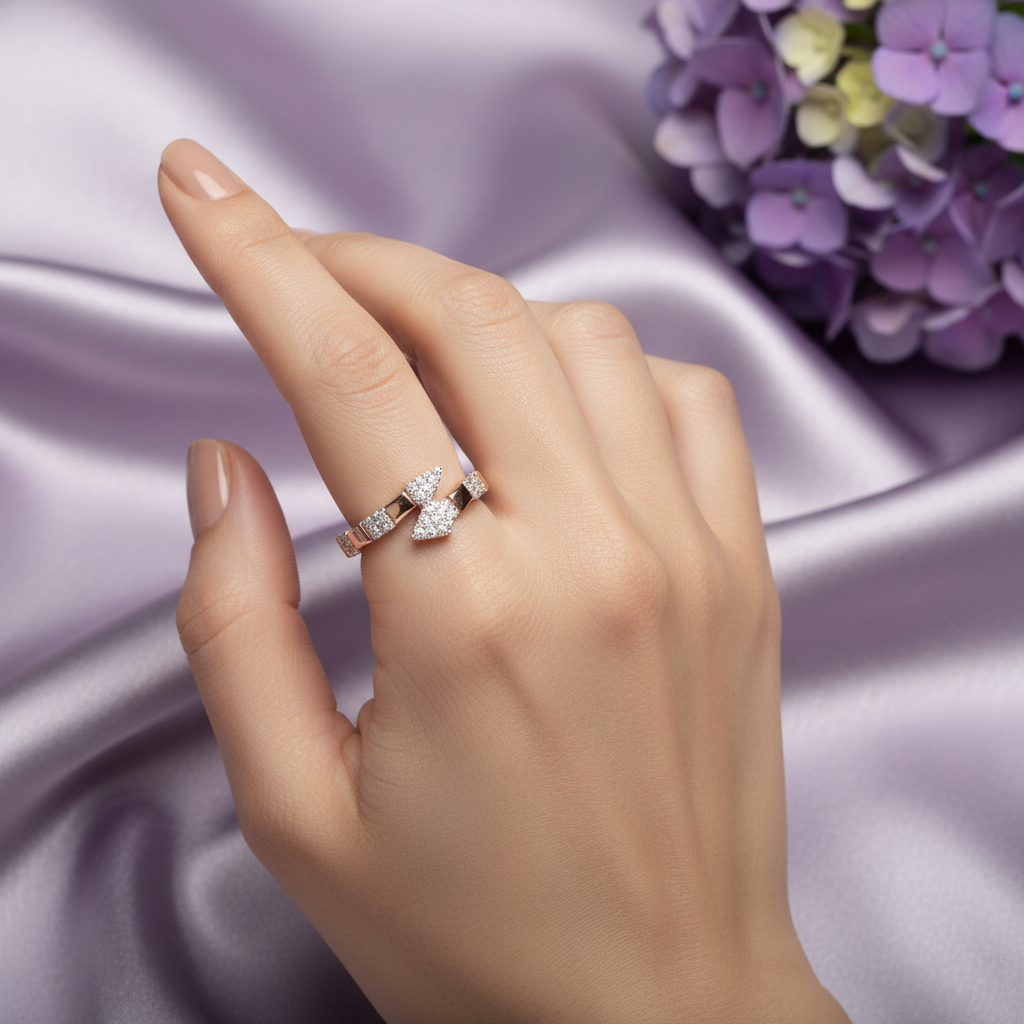 Model hand wearing snake scale ring lavender